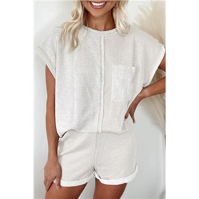 Khaki Colorblock Chest Pocket Exposed Seam Tee and Shorts Set