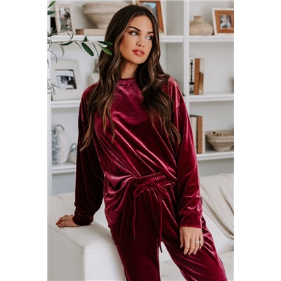 Fiery Red Solid Velvet Two Piece Lounge Set