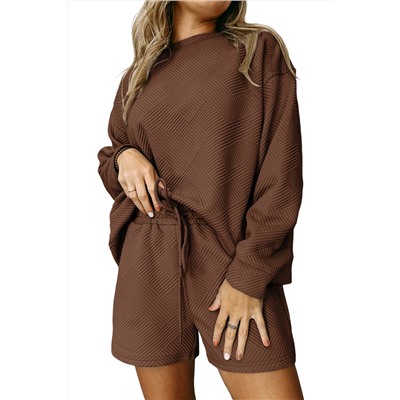 Brown Textured Long Sleeve Top and Drawstring Shorts Set