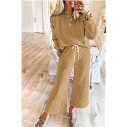 Light French Beige Textured Long Sleeve Top Drawstring Pants Set