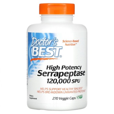 Doctor's Best, высокоэффективная серрапептаза, 120 000 SPU, 270 вегетарианских капсул