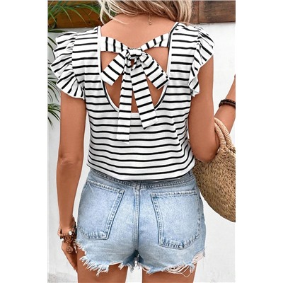 White Stripe Butterfly Sleeve V Neck Hollowed Knot Back T Shirt