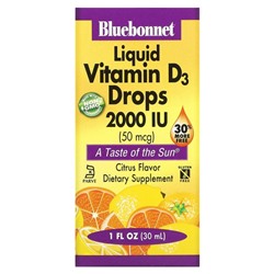 Bluebonnet Nutrition, Жидкий витамин D3 в каплях с натуральным цитрусовым вкусом, 2000 МЕ, 30 мл (1 жидкая унция)