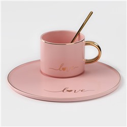 УЦЕНКА Кофейная пара керамическая «Любовь», 3 предмета: кружка 200 мл, блюдце d=20 см, ложка h=14 см, цвет розовый