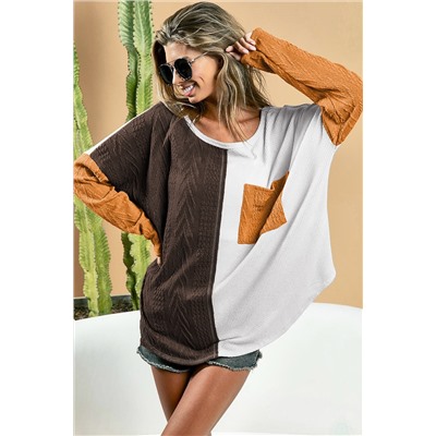 Brown Color Block Patchwork Chest Pocket Long Sleeve Top